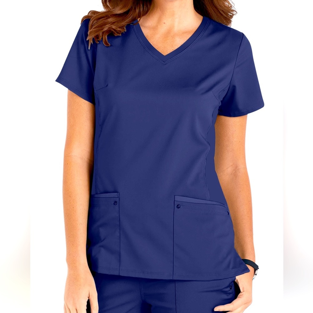 Healing Hands Juliet V-Neck Knit Panel Top in Navy S
